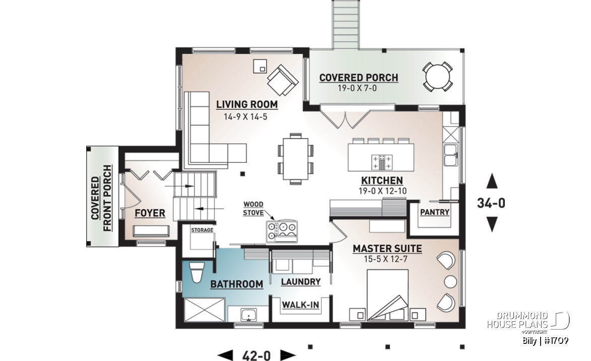 1st level - Small modern house plan for corner lot, master suite, open space, huge windows, panoramic view - Billy