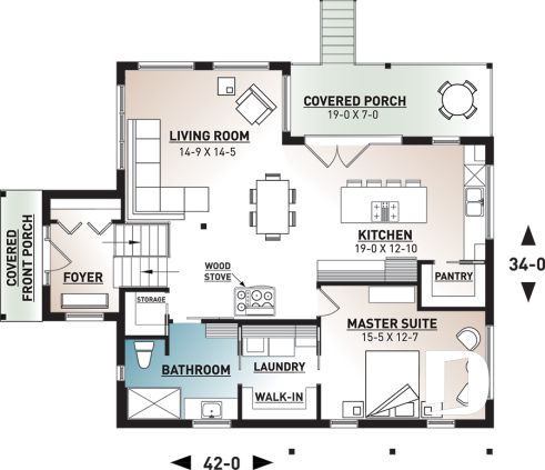 1st level - Small modern house plan for corner lot, master suite, open space, huge windows, panoramic view - Billy