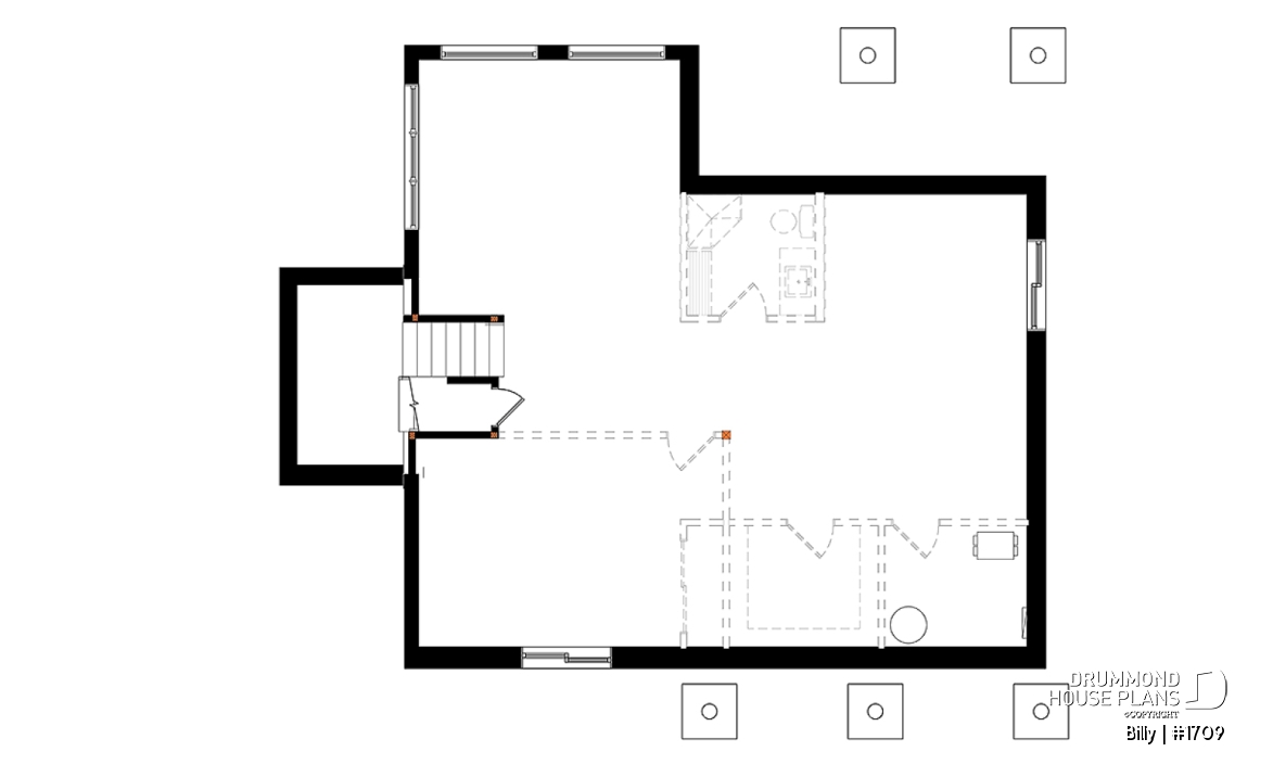 Basement - Small modern house plan for corner lot, master suite, open space, huge windows, panoramic view - Billy