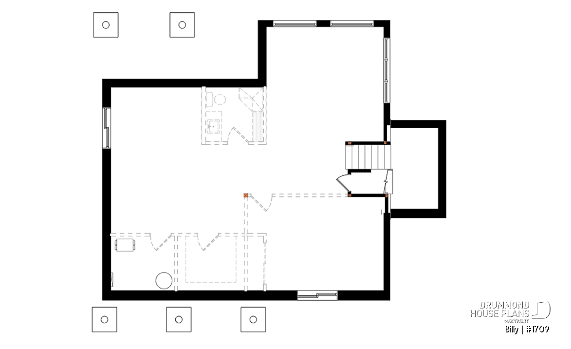Basement - Small modern house plan for corner lot, master suite, open space, huge windows, panoramic view - Billy