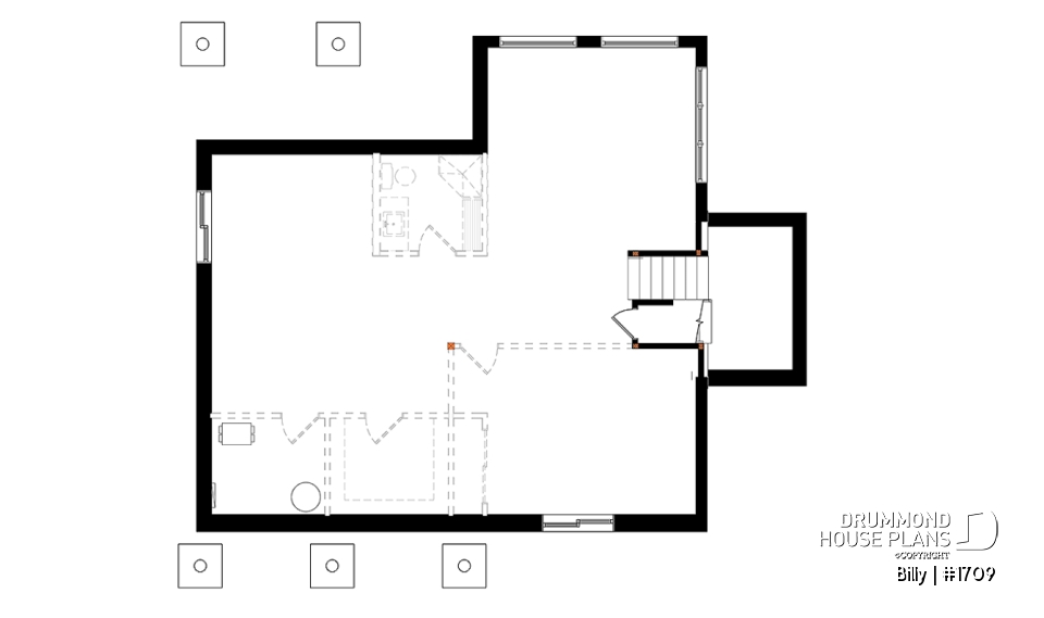Basement - Small modern house plan for corner lot, master suite, open space, huge windows, panoramic view - Billy