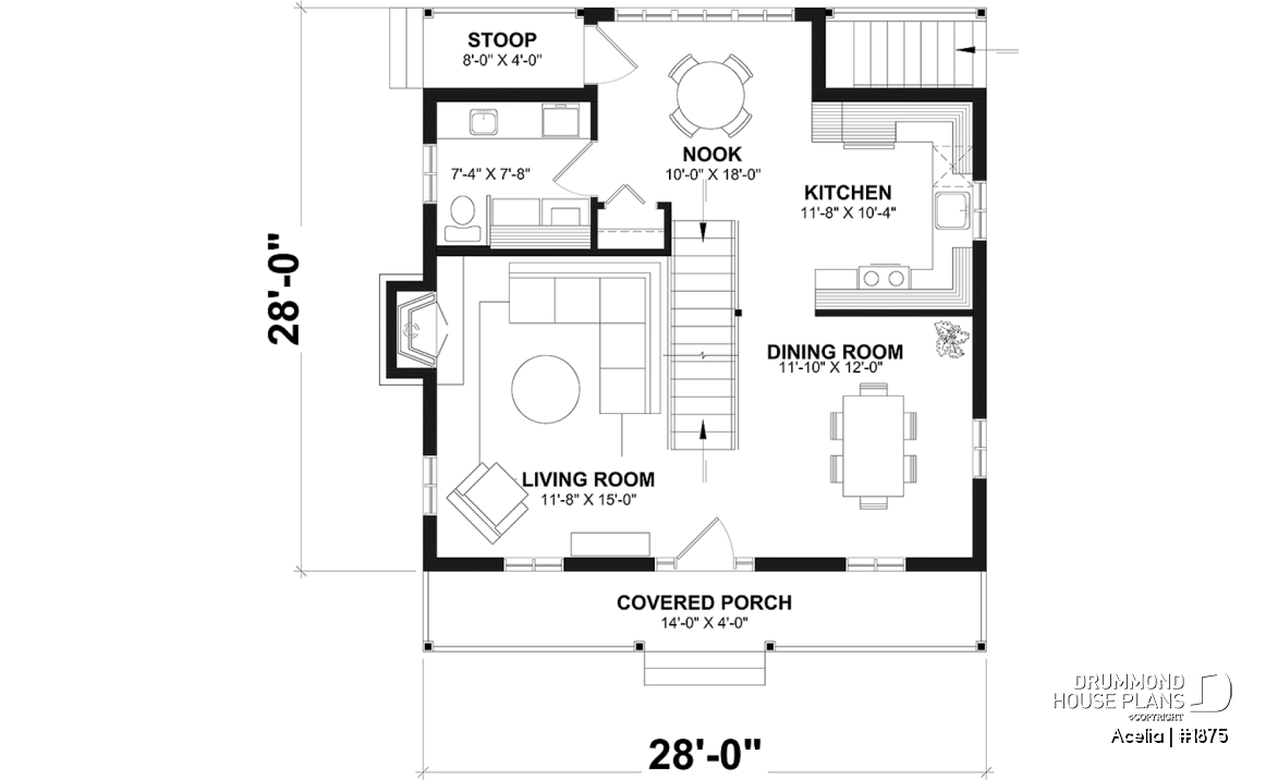 1st level - Small, historic Canadian style house plan, 3 bedrooms, fireplace, laundry on main, sitting room on 2nd floor - Acelia