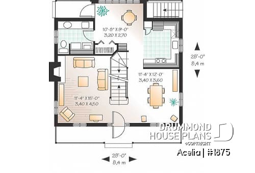 1st level - Small, historic Canadian style house plan, 3 bedrooms, fireplace, laundry on main, sitting room on 2nd floor - Acelia