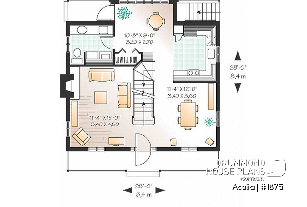 1st level - Small, historic Canadian style house plan, 3 bedrooms, fireplace, laundry on main, sitting room on 2nd floor - Acelia
