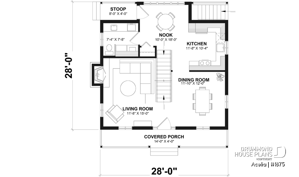 1st level - Small, historic Canadian style house plan, 3 bedrooms, fireplace, laundry on main, sitting room on 2nd floor - Acelia