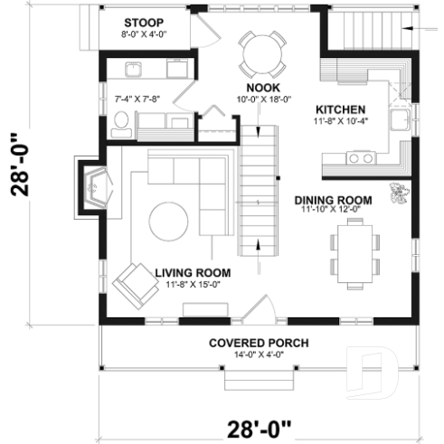 1st level - Small, historic Canadian style house plan, 3 bedrooms, fireplace, laundry on main, sitting room on 2nd floor - Acelia
