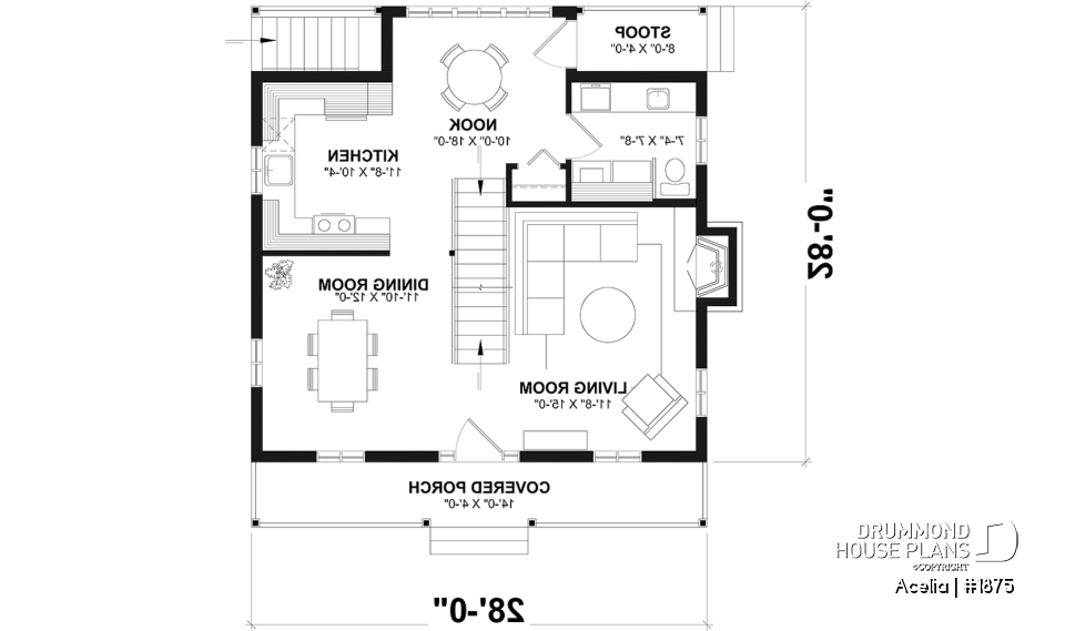 1st level - Small, historic Canadian style house plan, 3 bedrooms, fireplace, laundry on main, sitting room on 2nd floor - Acelia