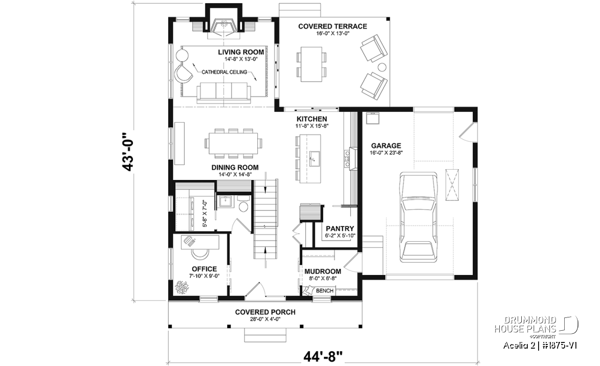 1st level - Compact country house plan with 3 bedrooms + home office, kitchen with pantry,cathedral ceiling in family room - Acelia 2