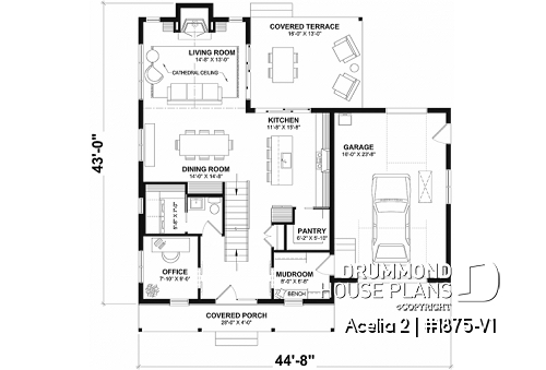 1st level - Compact country house plan with 3 bedrooms + home office, kitchen with pantry,cathedral ceiling in family room - Acelia 2