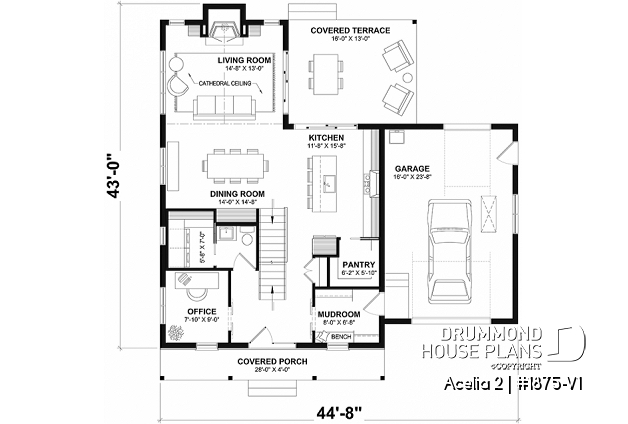 1st level - Compact country house plan with 3 bedrooms + home office, kitchen with pantry, cathedral celing in family room - Acelia 2