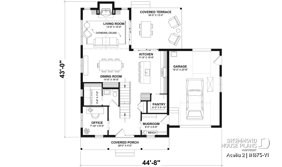 1st level - Compact country house plan with 3 bedrooms + home office, kitchen with pantry,cathedral ceiling in family room - Acelia 2