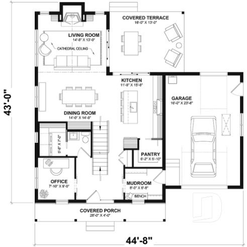 1st level - Compact country house plan with 3 bedrooms + home office, kitchen with pantry,cathedral ceiling in family room - Acelia 2