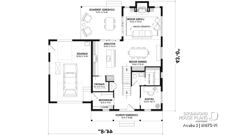 1st level - Compact country house plan with 3 bedrooms + home office, kitchen with pantry,cathedral ceiling in family room - Acelia 2