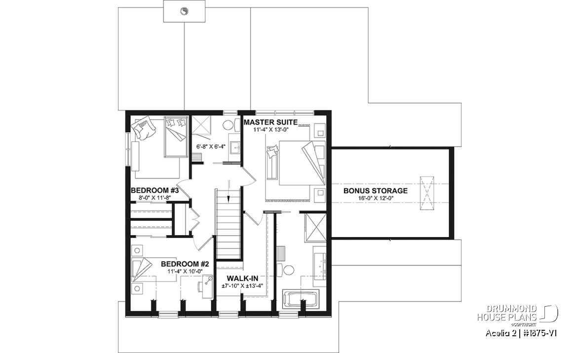 2nd level - Compact country house plan with 3 bedrooms + home office, kitchen with pantry,cathedral ceiling in family room - Acelia 2