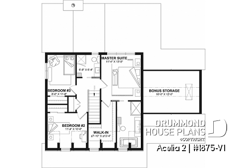 2nd level - Compact country house plan with 3 bedrooms + home office, kitchen with pantry, cathedral celing in family room - Acelia 2