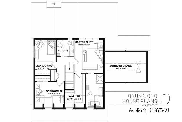 2nd level - Compact country house plan with 3 bedrooms + home office, kitchen with pantry, cathedral celing in family room - Acelia 2