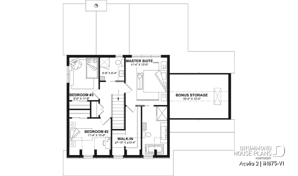 2nd level - Compact country house plan with 3 bedrooms + home office, kitchen with pantry,cathedral ceiling in family room - Acelia 2
