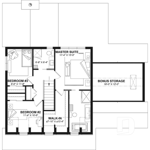 2nd level - Compact country house plan with 3 bedrooms + home office, kitchen with pantry,cathedral ceiling in family room - Acelia 2