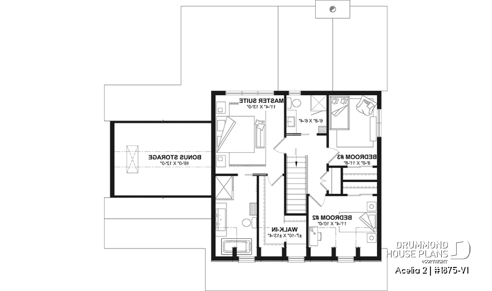 2nd level - Compact country house plan with 3 bedrooms + home office, kitchen with pantry,cathedral ceiling in family room - Acelia 2