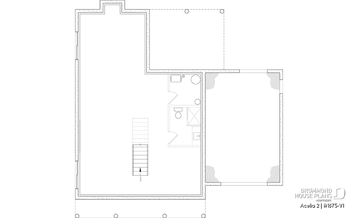 Unfinished basement - Compact country house plan with 3 bedrooms + home office, kitchen with pantry,cathedral ceiling in family room - Acelia 2