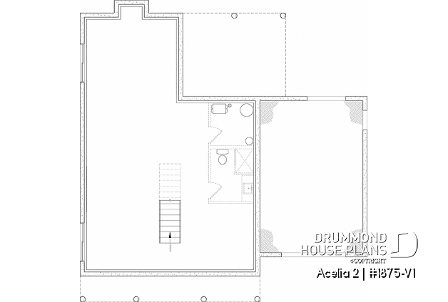 Unfinished basement - Compact country house plan with 3 bedrooms + home office, kitchen with pantry,cathedral ceiling in family room - Acelia 2