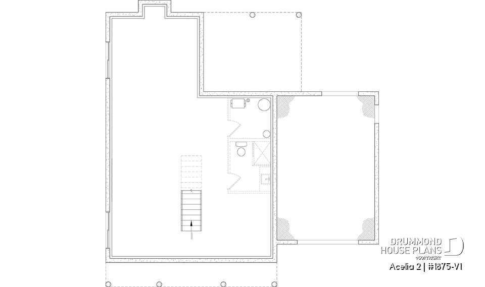 Unfinished basement - Compact country house plan with 3 bedrooms + home office, kitchen with pantry,cathedral ceiling in family room - Acelia 2