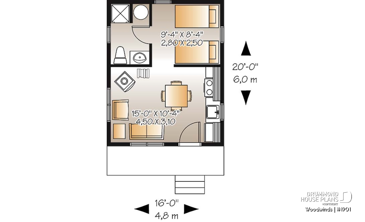 1st level - Small 1 bedroom cabin house plan, 1 shower room, options for 3 or 4-season included, wood stove - Woodwinds