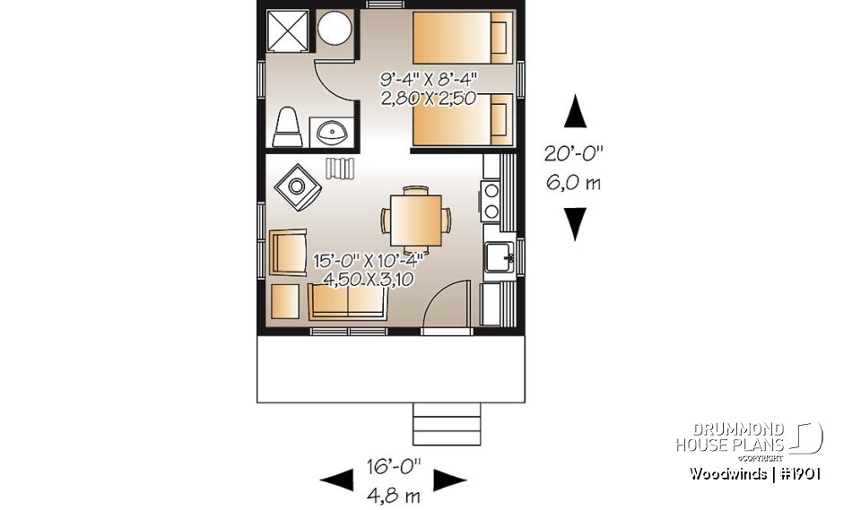 1st level - Small 1 bedroom cabin house plan, 1 shower room, options for 3 or 4-season included, wood stove - Woodwinds