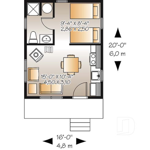 1st level - Small 1 bedroom cabin house plan, 1 shower room, options for 3 or 4-season included, wood stove - Woodwinds