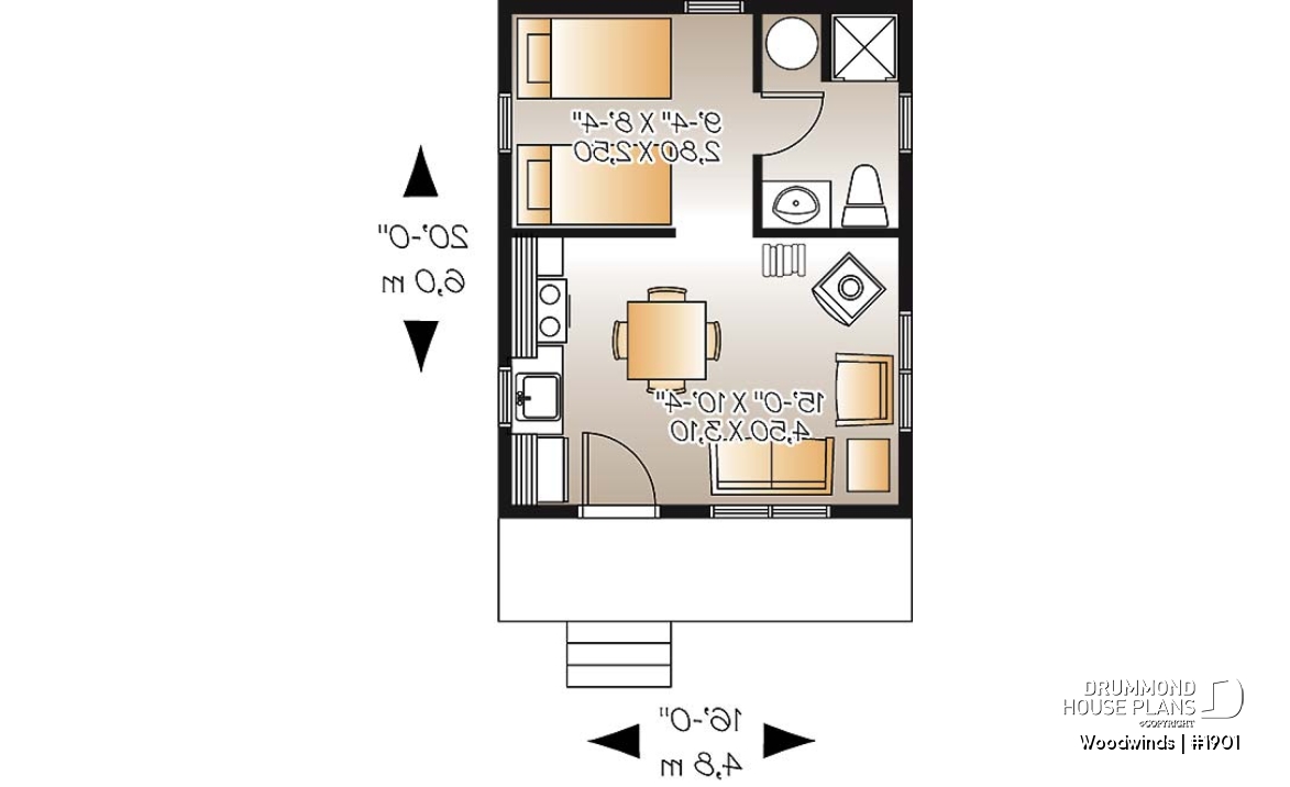 1st level - Small 1 bedroom cabin house plan, 1 shower room, options for 3 or 4-season included, wood stove - Woodwinds