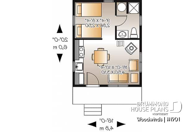 1st level - Small 1 bedroom cabin house plan, 1 shower room, options for 3 or 4-season included, wood stove - Woodwinds