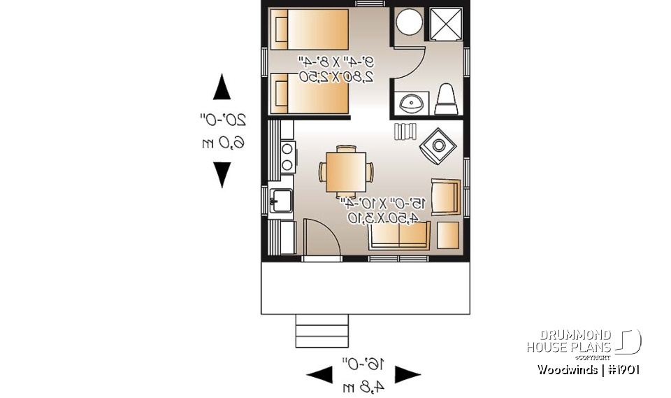 1st level - Small 1 bedroom cabin house plan, 1 shower room, options for 3 or 4-season included, wood stove - Woodwinds
