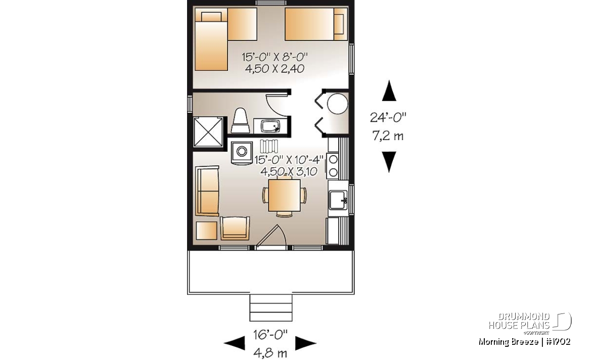 1st level - Low-budget small tiny one-bedroom cabin home plan, open floor plan, front balcony - Morning Breeze