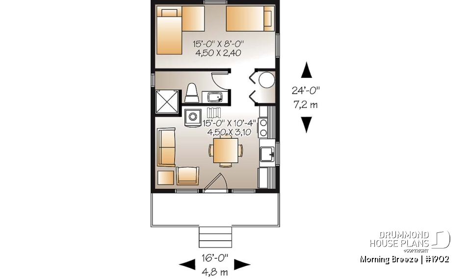 1st level - Low-budget small tiny one-bedroom cabin home plan, open floor plan, front balcony - Morning Breeze