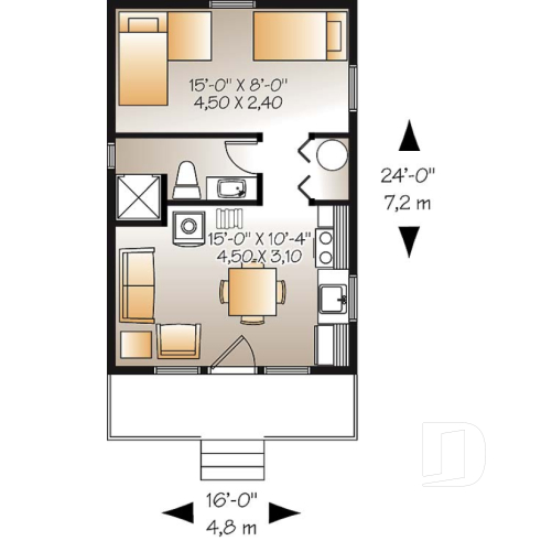 1st level - Low-budget small tiny one-bedroom cabin home plan, open floor plan, front balcony - Morning Breeze