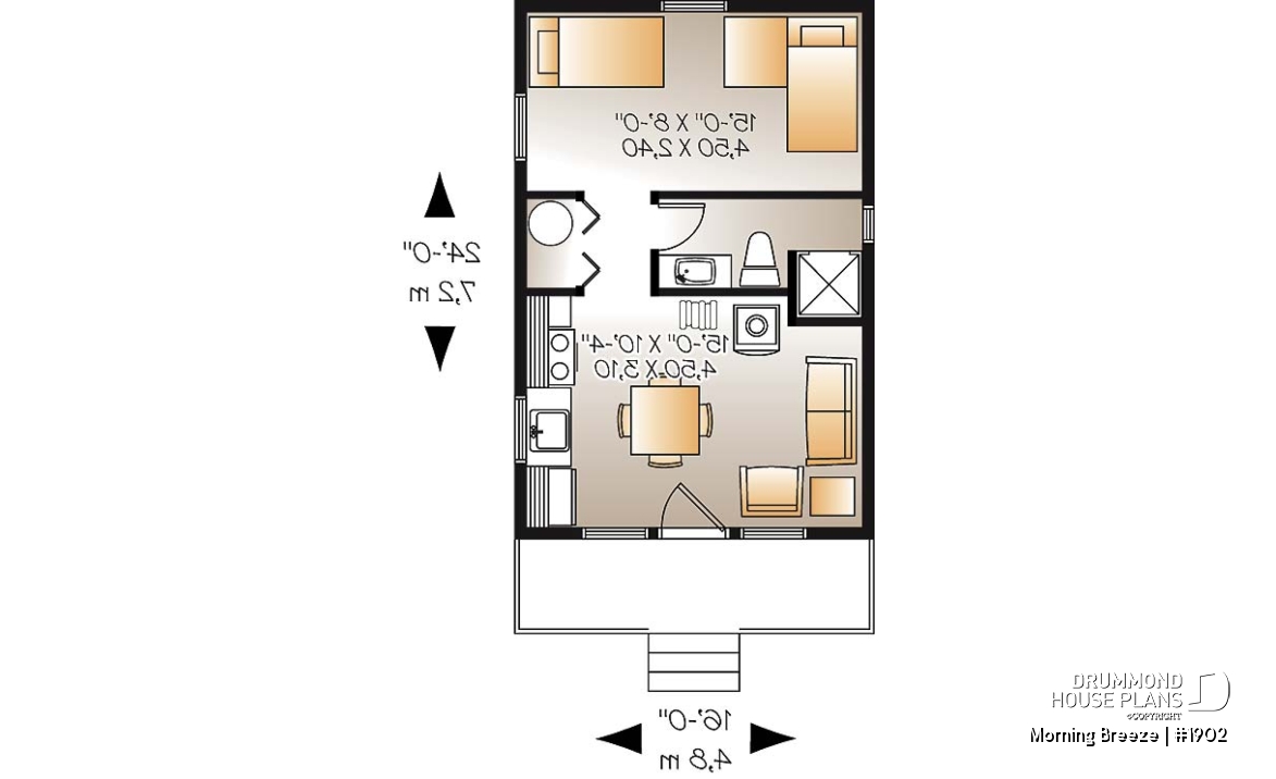 1st level - Low-budget small tiny one-bedroom cabin home plan, open floor plan, front balcony - Morning Breeze