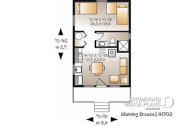 1st level - Low-budget small tiny one-bedroom cabin home plan, open floor plan, front balcony - Morning Breeze