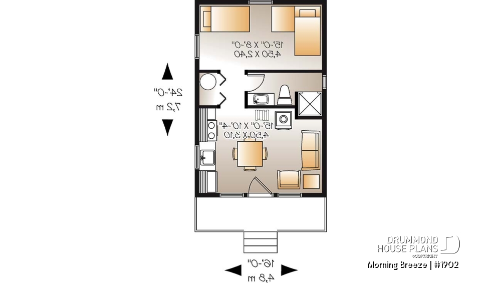 1st level - Low-budget small tiny one-bedroom cabin home plan, open floor plan, front balcony - Morning Breeze