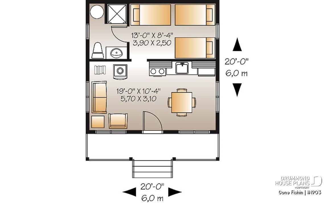 1st level - Small 3 and 4-season cabin plan, economical, large covered balcony, open concept, micro house - Gone Fishin