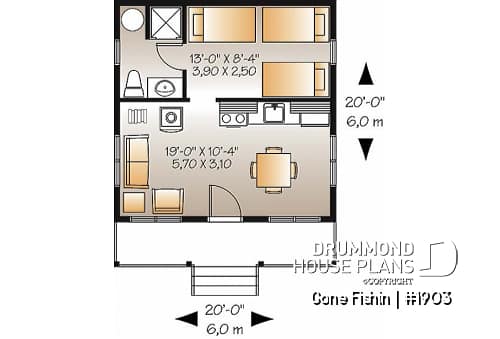 1st level - Small 3 and 4-season cabin plan, economical, large covered balcony, open concept, micro house - Gone Fishin