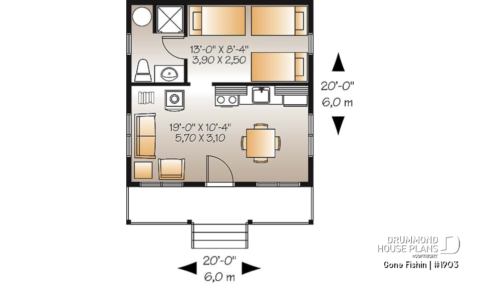 1st level - Small 3 and 4-season cabin plan, economical, large covered balcony, open concept, micro house - Gone Fishin