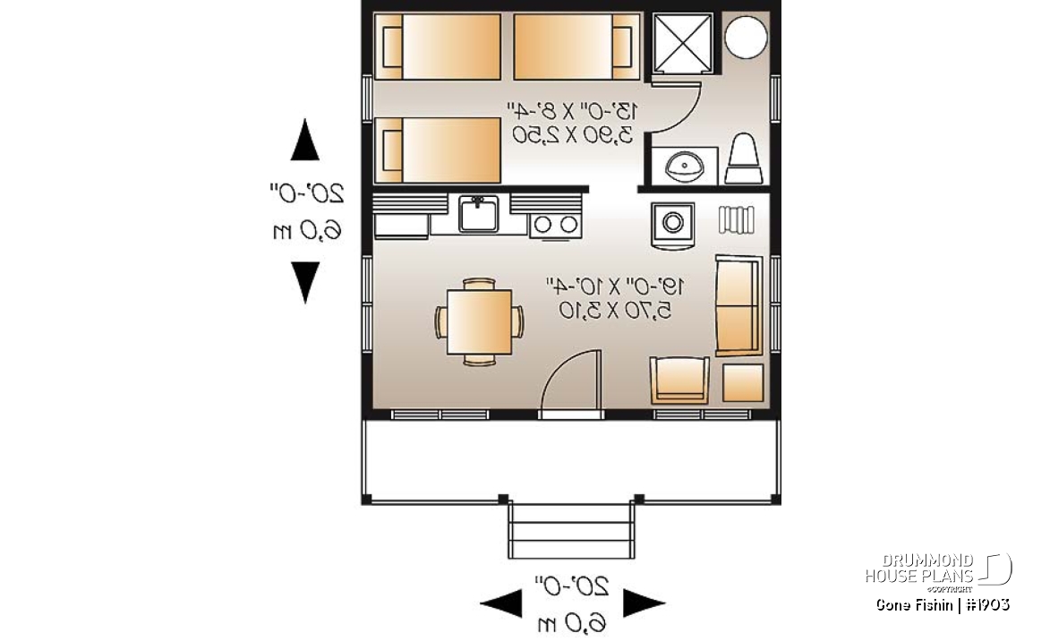 1st level - Small 3 and 4-season cabin plan, economical, large covered balcony, open concept, micro house - Gone Fishin