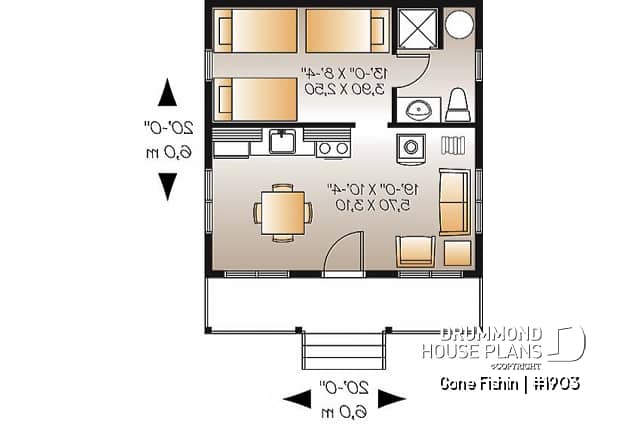 1st level - Small 3 and 4-season cabin plan, economical, large covered balcony, open concept, micro house - Gone Fishin