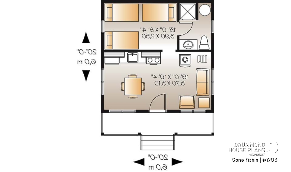 1st level - Small 3 and 4-season cabin plan, economical, large covered balcony, open concept, micro house - Gone Fishin