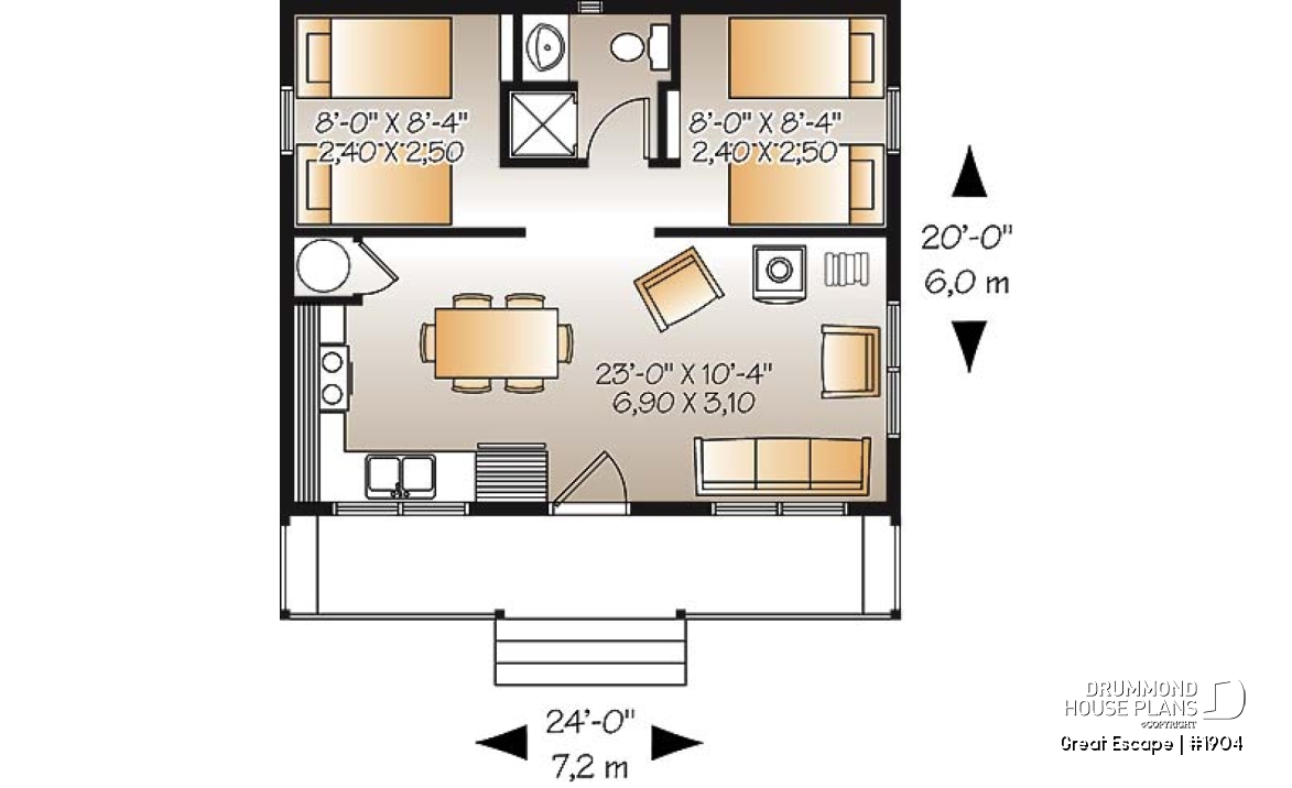 1st level - Affordable small 2 bedroom cabin plan, wood stove, open concept, low budget construction - Great Escape