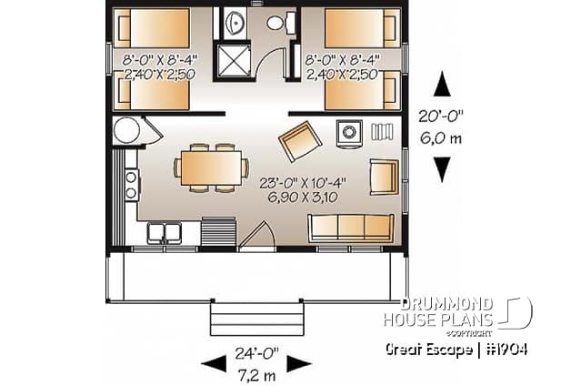 1st level - Affordable small 2 bedroom cabin plan, wood stove, open concept, low budget construction - Great Escape