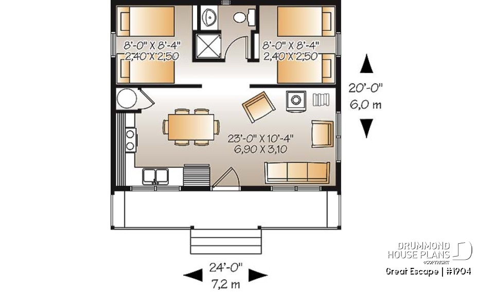 1st level - Affordable small 2 bedroom cabin plan, wood stove, open concept, low budget construction - Great Escape