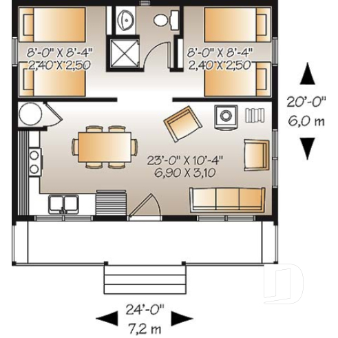 1st level - Affordable small 2 bedroom cabin plan, wood stove, open concept, low budget construction - Great Escape
