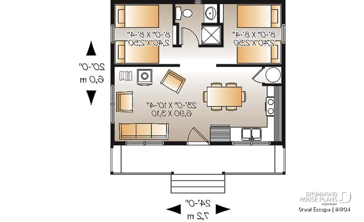 1st level - Affordable small 2 bedroom cabin plan, wood stove, open concept, low budget construction - Great Escape