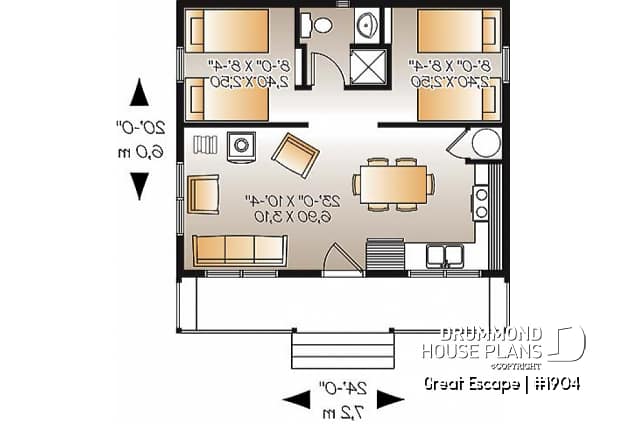 1st level - Affordable small 2 bedroom cabin plan, wood stove, open concept, low budget construction - Great Escape